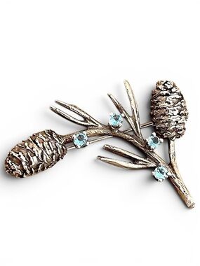 Vintage MFA Museum of Fine Arts Sterling Silver Pine Cone Bough Blue Pin Brooch